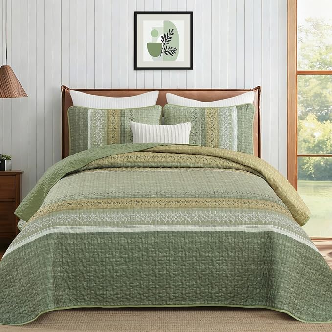 Cottolester Sage Green King Quilt Set, Sunner Striped Patchwork Bedspread | by Cottolester