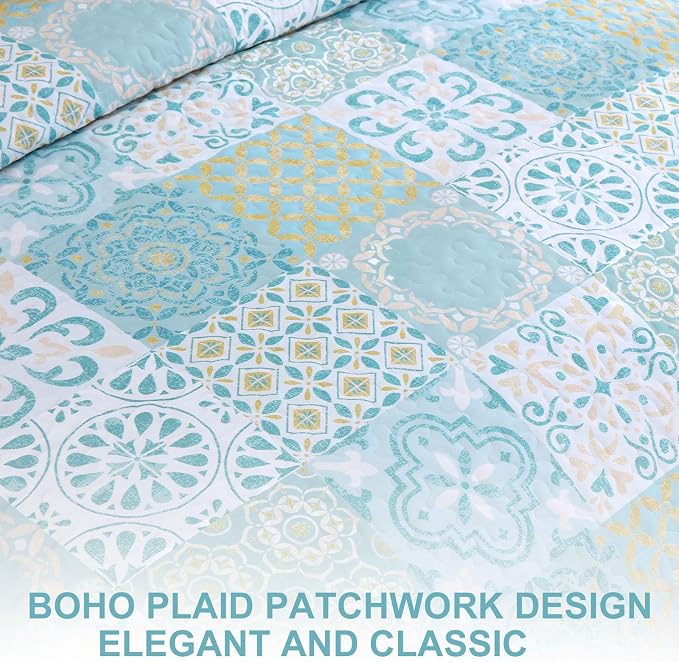 Dobuyly Queen Quilt Set Aqua Blue Patchwork Bedspread 3 Piece | Vintage Floral - Image 8