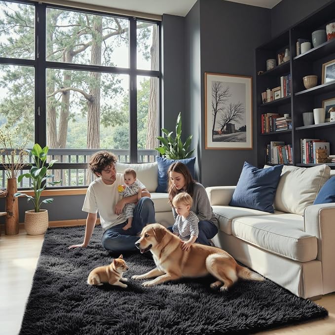 Small Shag Area Rug for Bedroom, 2x3 Black Soft Plush Carpet | Non-Slip Floor - Image 7