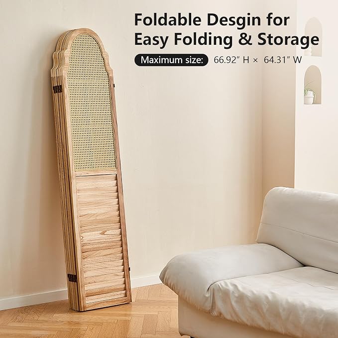 4 Panels Room Divider Wall, Rustic Rattan Room Divider, Wood Folding Privacy - Image 4