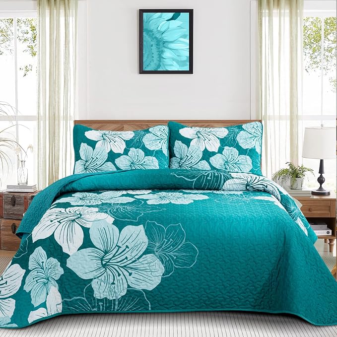 DJY Floral Queen Quilt Set Gradient Green Floral Quilt Coverlet Set 3 Pieces by HOME