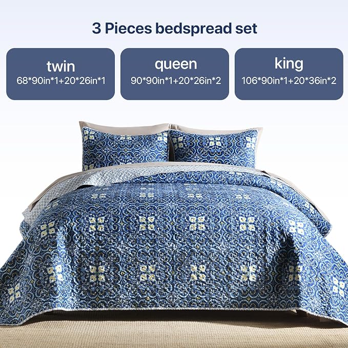 Reversible Quilt Set King Size, Boho Floral Patchwork Bedspread Coverlet Set - Image 2
