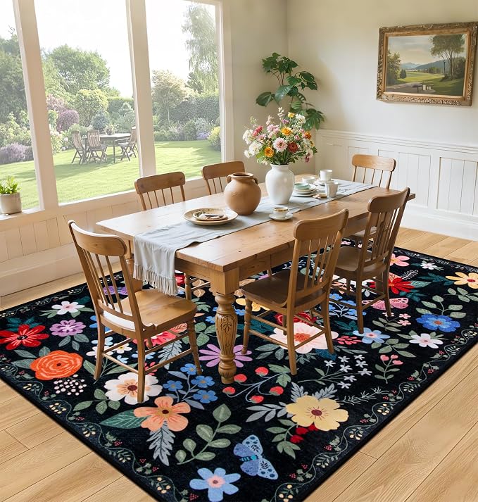 PLHXFR Area Rug 10x12 Living Room: Floral Washable Boho Soft Carpet Black | - Image 4