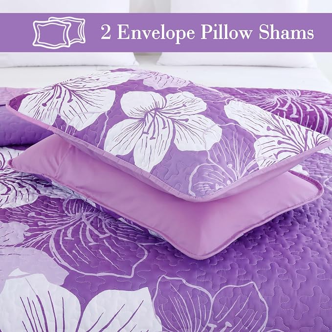 DJY Purple Floral Pattern King Quilt Set 3 Pieces Botanical Bedspread Summer - Image 7