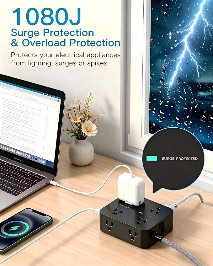 Power Strip Surge Protector, 5 Ft Flat Extension Cord - Image 4