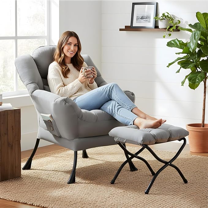 Furlide Lazy Chair with Ottoman, Modern Lounge Chair with Lumbar Pillow - Image 3