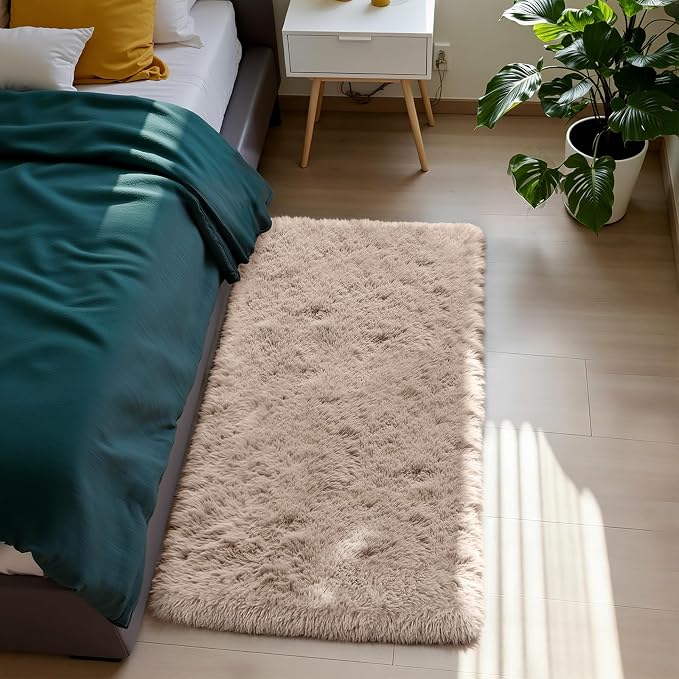 Beige 2x4 Area Rugs for Bedroom, Fluffy Shag Rug Small Rug Bedside Carpet | by Yongyangjuxi