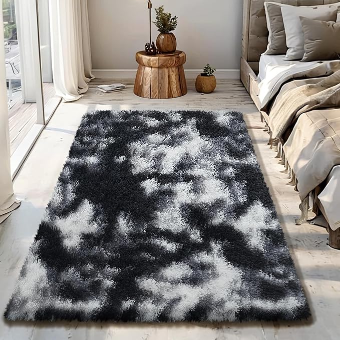 Mottled Black 3x5 Area Rug for Bedroom, Fluffy Rug Small Rug Bedroom Carpet | by Yongyangjuxi