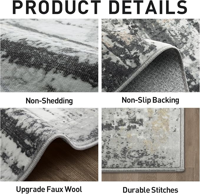 9x12 Area Rugs for Living Room: Washable Abstract Black Grey Gold Carpet | - Image 6