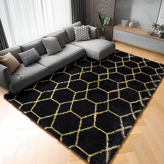 Area Rugs for Bedroom Living Room, 4x6 Fluffy Black and Gold Throw Rug - Image 7