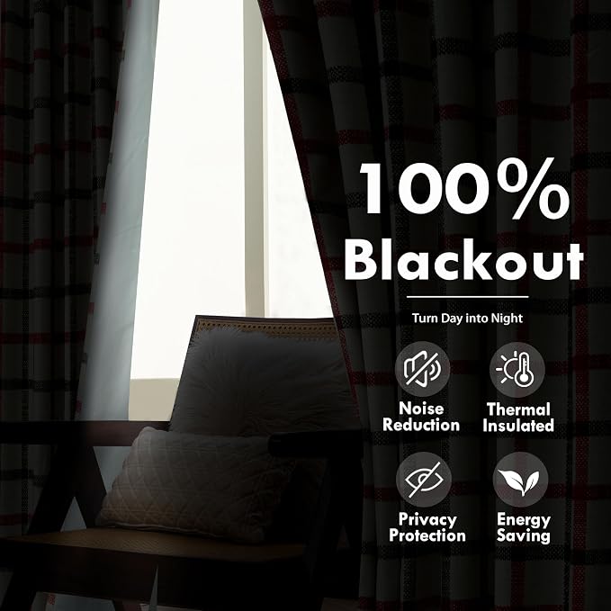 DriftAway 100% Blackout Plaid Curtains 96 Inches Long 2 Panels Red Green | 100% - Image 5