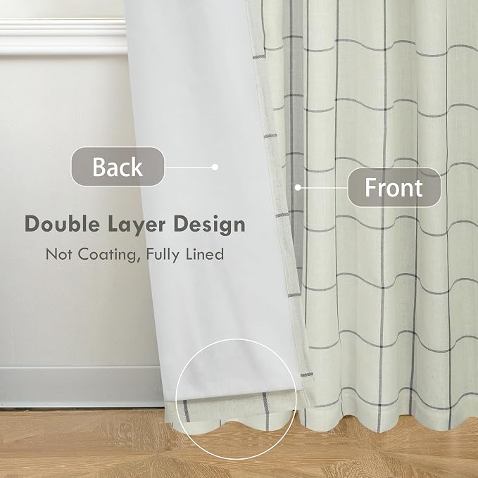DriftAway 100% Blackout Plaid Linen Curtains 102 Inches Long 2 Panels Black | - Image 3