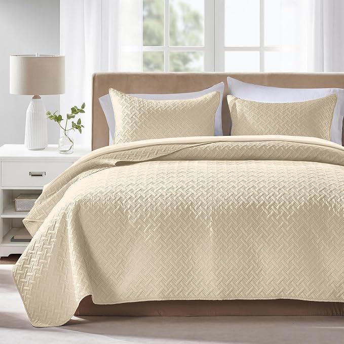 FLYMME Beige King Quilt Bedspreads, Modern Style Geometric Weave Stripe Pattern by FLYMME