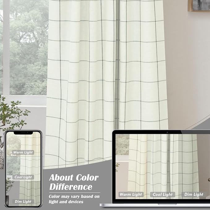 DriftAway 100% Blackout Plaid Linen Curtains 63 Inches Long 2 Panels Gray | - Image 7