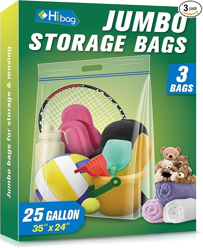 HIBAG 25 Gallon Jumbo Storage Bags, 35” x 24” Resealable Clear Bags by HIBAG