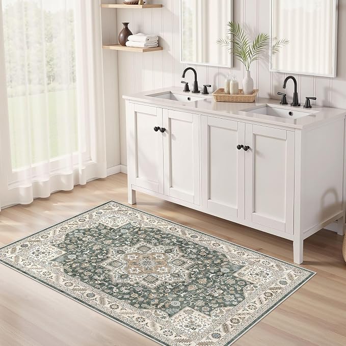 cotiled 3x5 Area Rug for Living Room, Traditional, Vintage Green | Washable - Image 3
