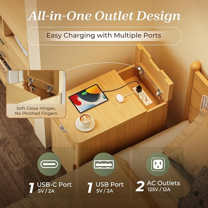 Huuger Narrow End Table with Charging Station, USB-C Port | Fluted Nightstand - Image 4