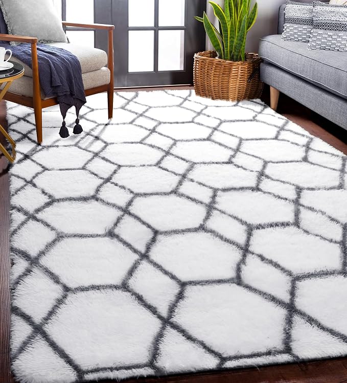 Area Rugs for Bedroom Living Room, Fluffy 4x6 White and Grey Throw Rug - Image 5