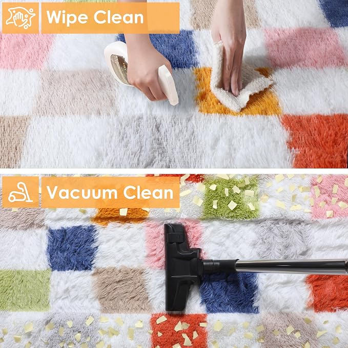 KICMOR Rugs for Living Room 5x7, Fluffy Soft Colorful Checkered Shag Area Rug - Image 6