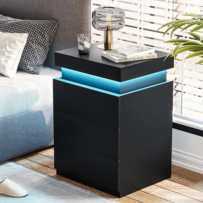 ADORNEVE Black Nightstand with Charging Station and LED Lights | Modern Night - Image 4