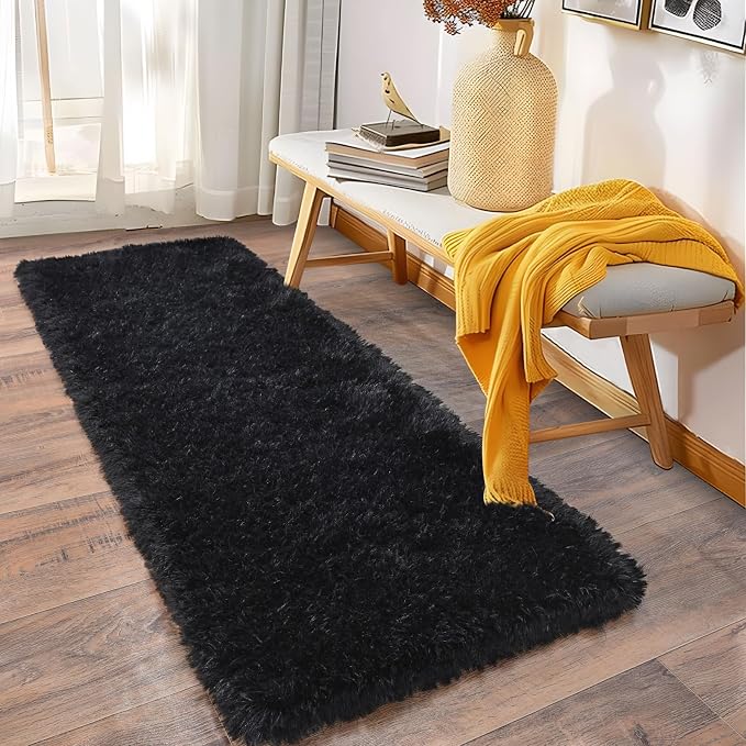 Soft Runner Rugs for Bedroom Hallways, 2x5 Black Fluffy Shag Throw Area Rug Non - Image 2