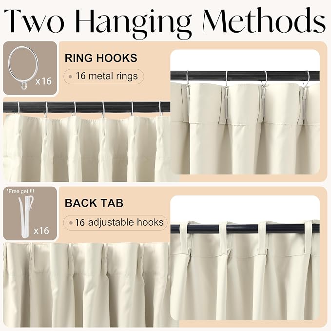Etherealveil Beige Pinch Pleated Blackout Curtains 2 Panels 52"x96" | Back Tabs - Image 6
