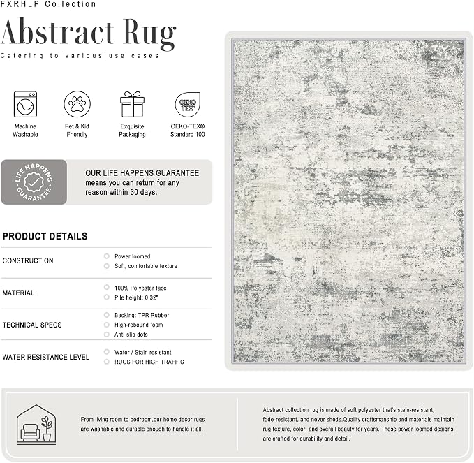 10x14 Area Rug Living Room: Modern Washable Indoor Soft Carpet Gray | - Image 2
