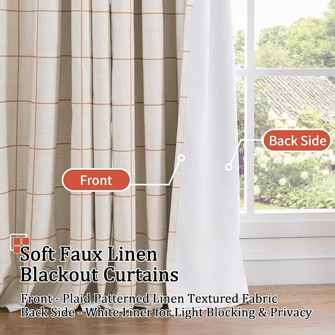 Plaid Blackout Curtains for Bedroom, 52x63 Inch 2 Panels, Terracotta | Boho - Image 3