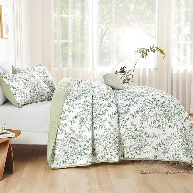 WONGS BEDDING Botanical Queen Size Quilt, 3 Pieces Bedspread Set, Sage Green | - Image 3