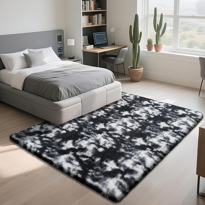 Mottled Black 3x5 Area Rug for Bedroom, Fluffy Rug Small Rug Bedroom Carpet | - Image 3