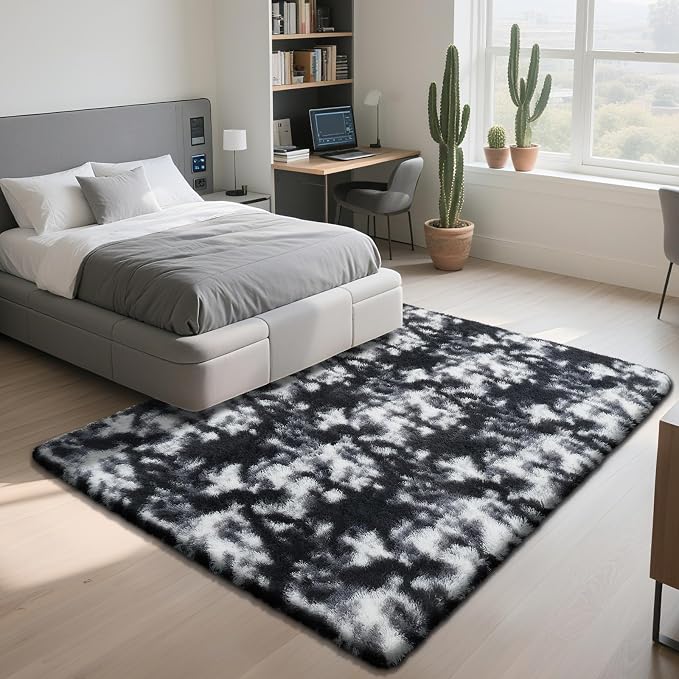 Mottled Black 9x12 Area Rugs for Living Room, Fluffy Shag Rug Large Carpet | - Image 3