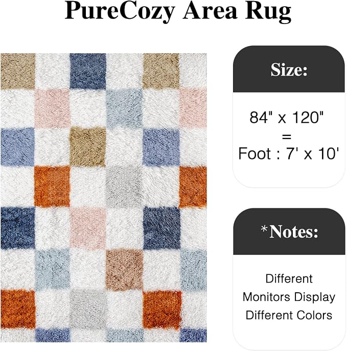 Checkered Area Rug 7x10 for Living Room Soft Fluffy Shag Carpet | Machine - Image 3