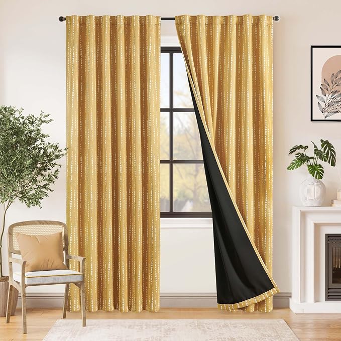 jinchan 95% Blackout Boho Curtains 84 Inches Long Mustard Moon Phases Printed - Image 2