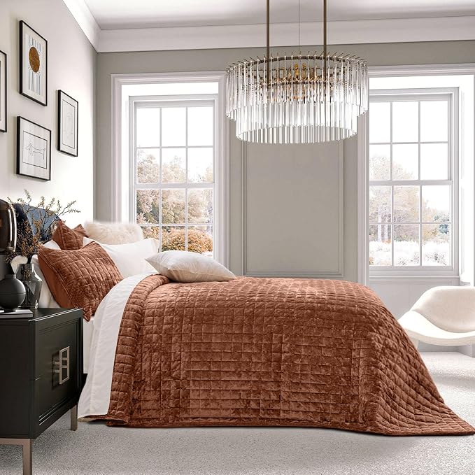 RECYCO Channel Box Stitch Velvet Quilt Set, Full Queen Size, Terracotta | Ultra - Image 2