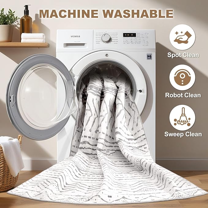 Nakagishi Boho 5x7 Area Rug Living Room Rugs Machine Washable Grey White | Soft - Image 2