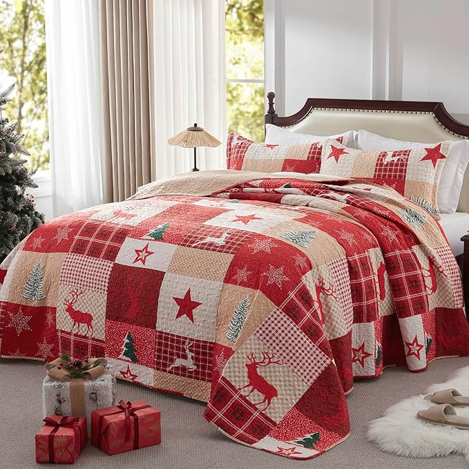 Christmas Quilt Set 3-Piece Full Queen Size Bedspread Coverlet 90''x98'' by LEAONME
