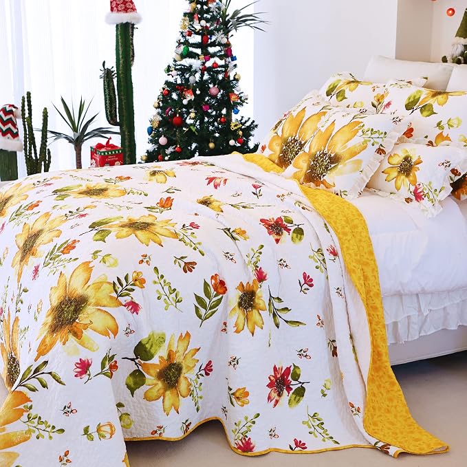 EVENHUG 100% Cotton Quilt King Size Yellow Sunflower Bedding Set Floral - Image 8