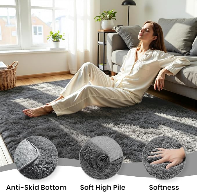 5x8 Fluffy Area Rug for Living Room: Soft Non-Slip Grey Shag Bedroom Carpet | - Image 5