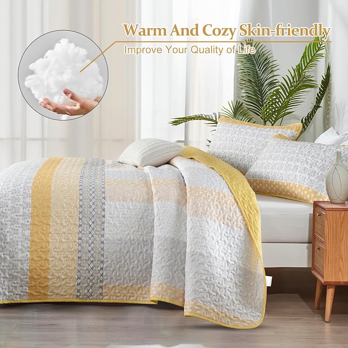 WONGS BEDDING Yellow King Size Quilt Set, Boho Striped Patchwork Bedspread | 3 - Image 4