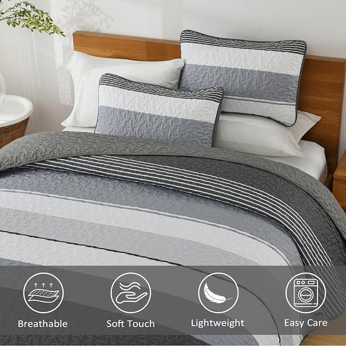 Dinjoy Queen Boho Striped Quilt Set, Balck White Lightweight Bedspread | Soft - Image 3
