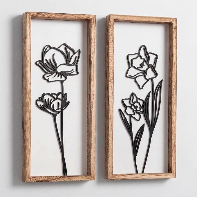 3D Black and White Wall Art Lightweight, Wooden Ready-to-Hang Framed Floral by TideandTales