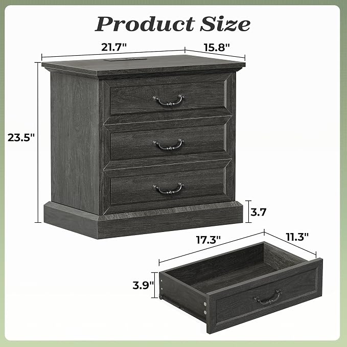 Huuger Nightstand with Charging Station, 3 Drawer Night Stand Set of 2 | 22 - Image 2