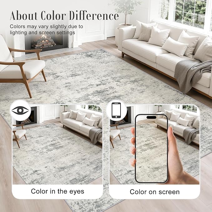 Round Area Rug Living Room: 4 ft Modern Washable Carpet Gray | - Image 4