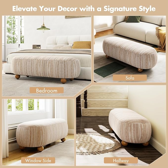 Hyfirm 54" Oatmeal Linen Upholstered Bench – Beige End of Bed Ottoman - Image 8