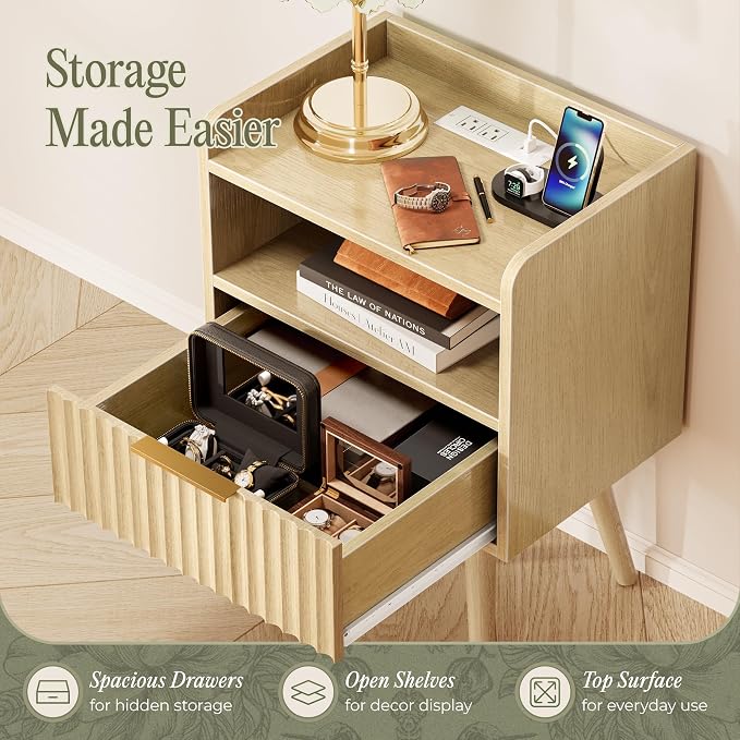 Huuger Nightstand with Charging Station, USB-C Port, End Table | Fluted Night - Image 6