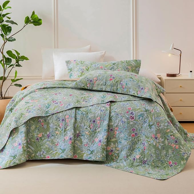 QSH 100% Cotton Quilt Oversized King Set-3Pcs Green Floral Quilt California - Image 8
