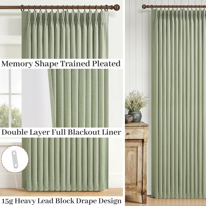 Sage Green Pinch Pleat Flax Linen 92 Inch Bedroom Curtains 2 Panels Set - Image 3