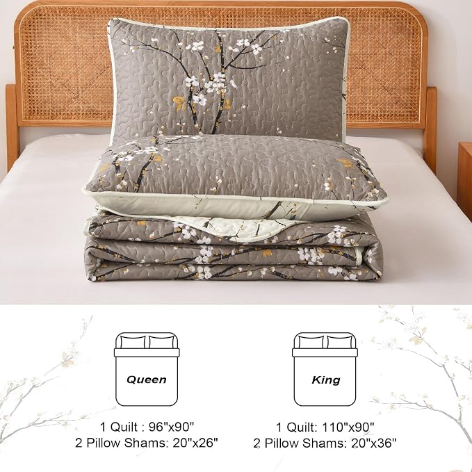 DJY Quilt Set Queen Size, Branch Botanical Bedspread Coverlet, Tan &Cream | - Image 7