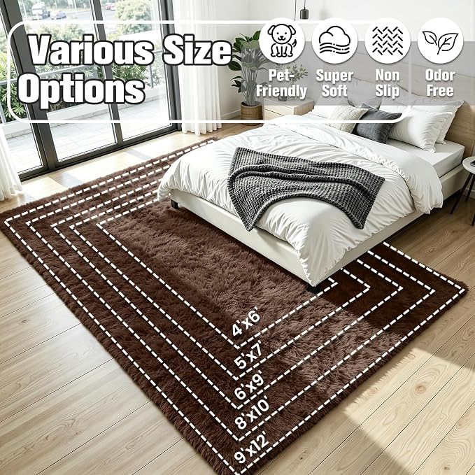 8x10 Fluffy Area Rug for Living Room: Soft Non-Slip Brown Bedroom Carpet | - Image 8