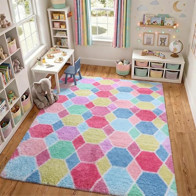 Checkered 8x10 Area Rugs for Living Room, Large Fluffy Pink Rainbow Colorful - Image 8